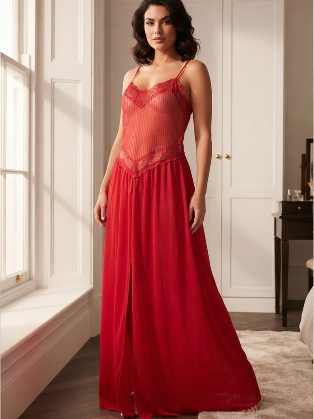 VTG 1980s Stardust Red Satin Nightgown Maxi Slip Dress Lace Trim Sheer Bodice M